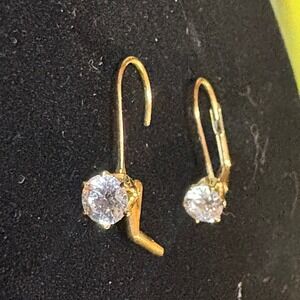 Gold Tone Round Cut CZ Stone Leverback Drop Solitaire Earrings
